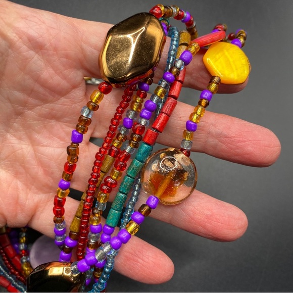 Seed Bead Multi Strand Red Gold Purple Glass Beads Wood Beads Colorful Necklace - Picture 4 of 9